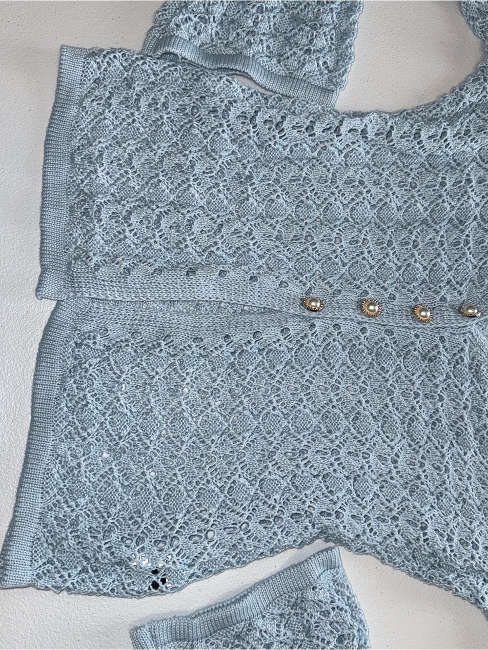CBR Light Blue Bell Sleeve Crochet Knit Cardigan Size Small Boho 3 Button - Picture 7 of 9